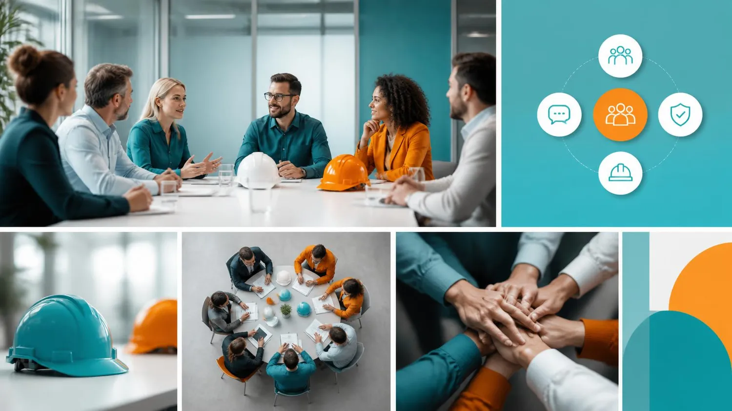 SaarTeach - Dozent für elektrotechnik und arbeitschutz - Eine Collage zeigt verschiedene Berufstätige in Geschäftstreffen, Schutzhelme auf einem Tisch und ineinander verschränkte Hände, die Teamarbeit und Arbeitssicherheit symbolisieren.