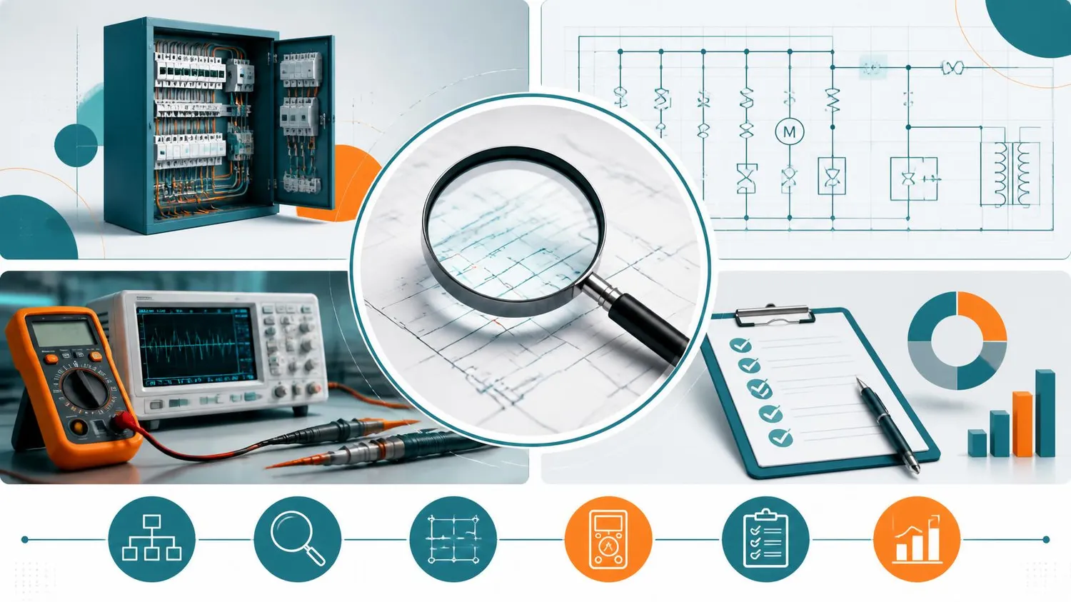 SaarTeach - Dozent für elektrotechnik und arbeitschutz - Collage mit Elementen der Elektrotechnik: Bedienfeld, Schaltpläne, Oszilloskop, Checkliste auf einem Klemmbrett und eine Lupe über Bauplänen.