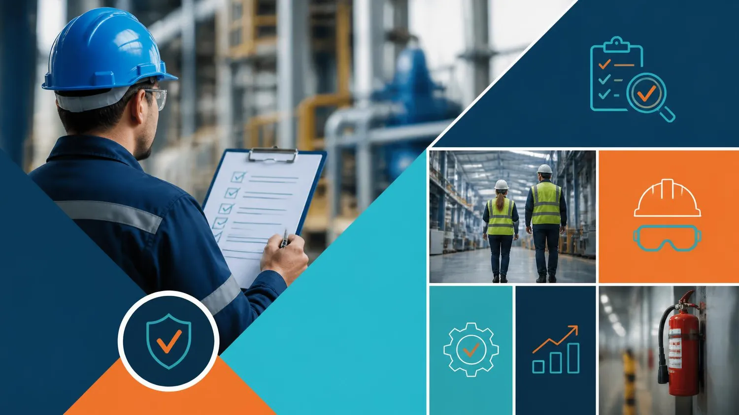 SaarTeach - Dozent für elektrotechnik und arbeitschutz - Ein Inspektor mit Klemmbrett begutachtet eine Lagerhalle neben einer Collage aus Sicherheitssymbolen. Arbeiter gehen einen Industriegang entlang.