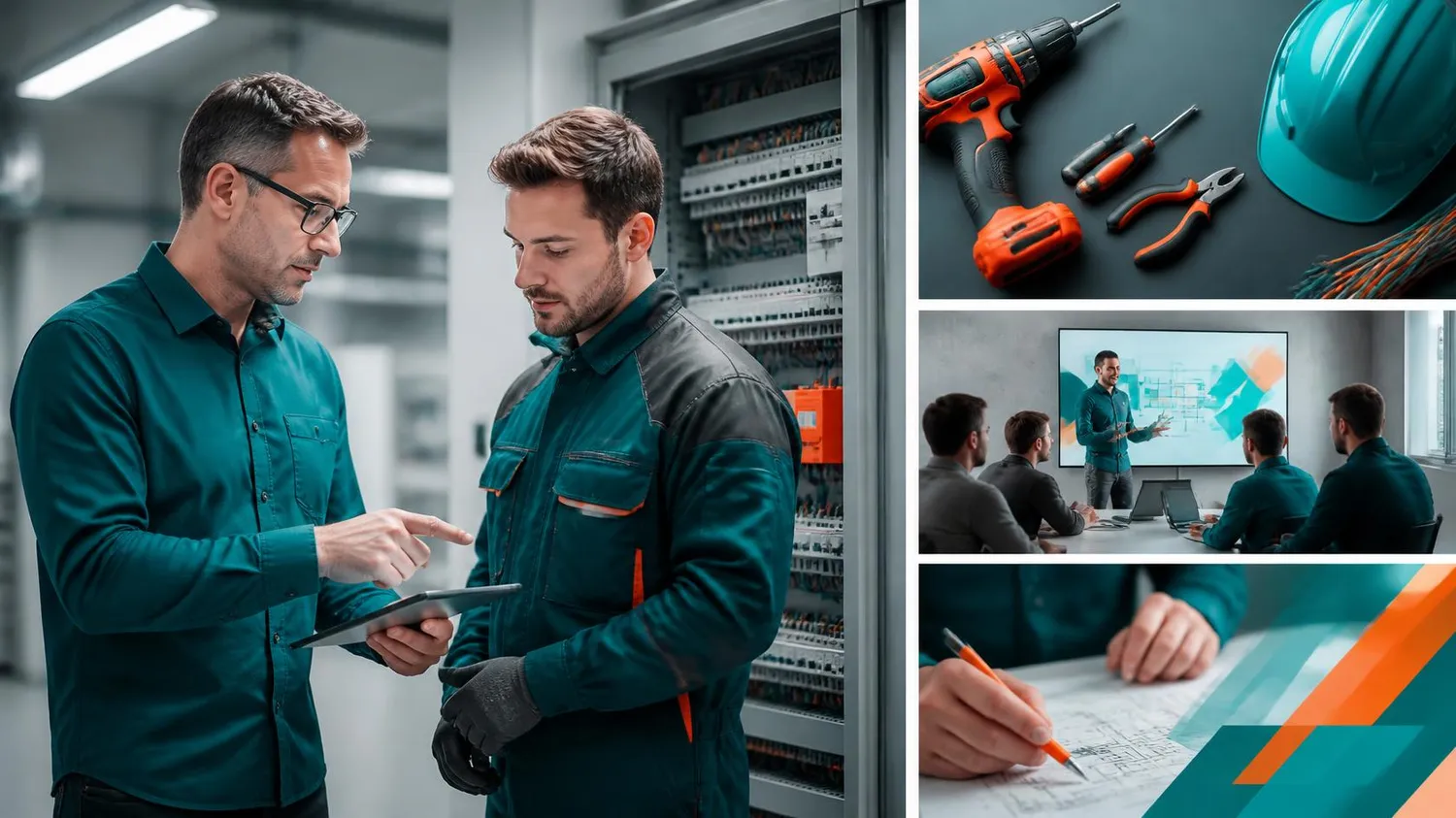 SaarTeach - Dozent für elektrotechnik und arbeitschutz - Collage mit Elektrotechnikern bei der Inspektion eines Schaltschranks, Werkzeugen, einer Präsentation und einer Person, die eine technische Zeichnung anfertigt.