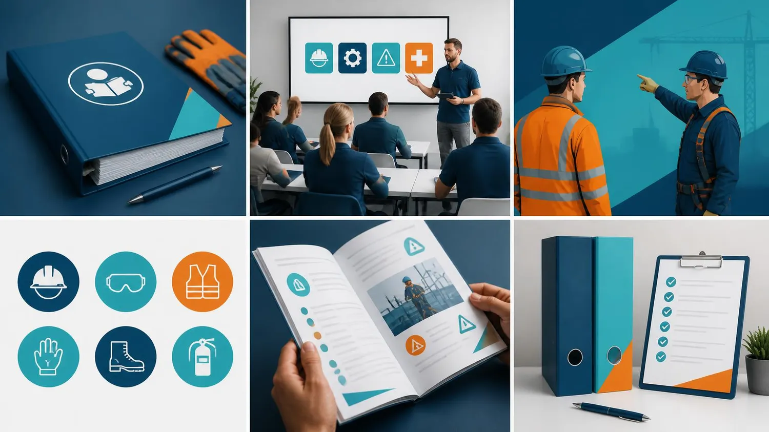 SaarTeach - Dozent für elektrotechnik und arbeitschutz - Eine Collage aus sechs Bildern zum Thema Arbeitsschutzschulungen, darunter eine Schulungseinheit, ein Sicherheitshandbuch, Checklisten zur Einhaltung von Vorschriften und Symbole für persönliche Schutzausrüstung (PSA).