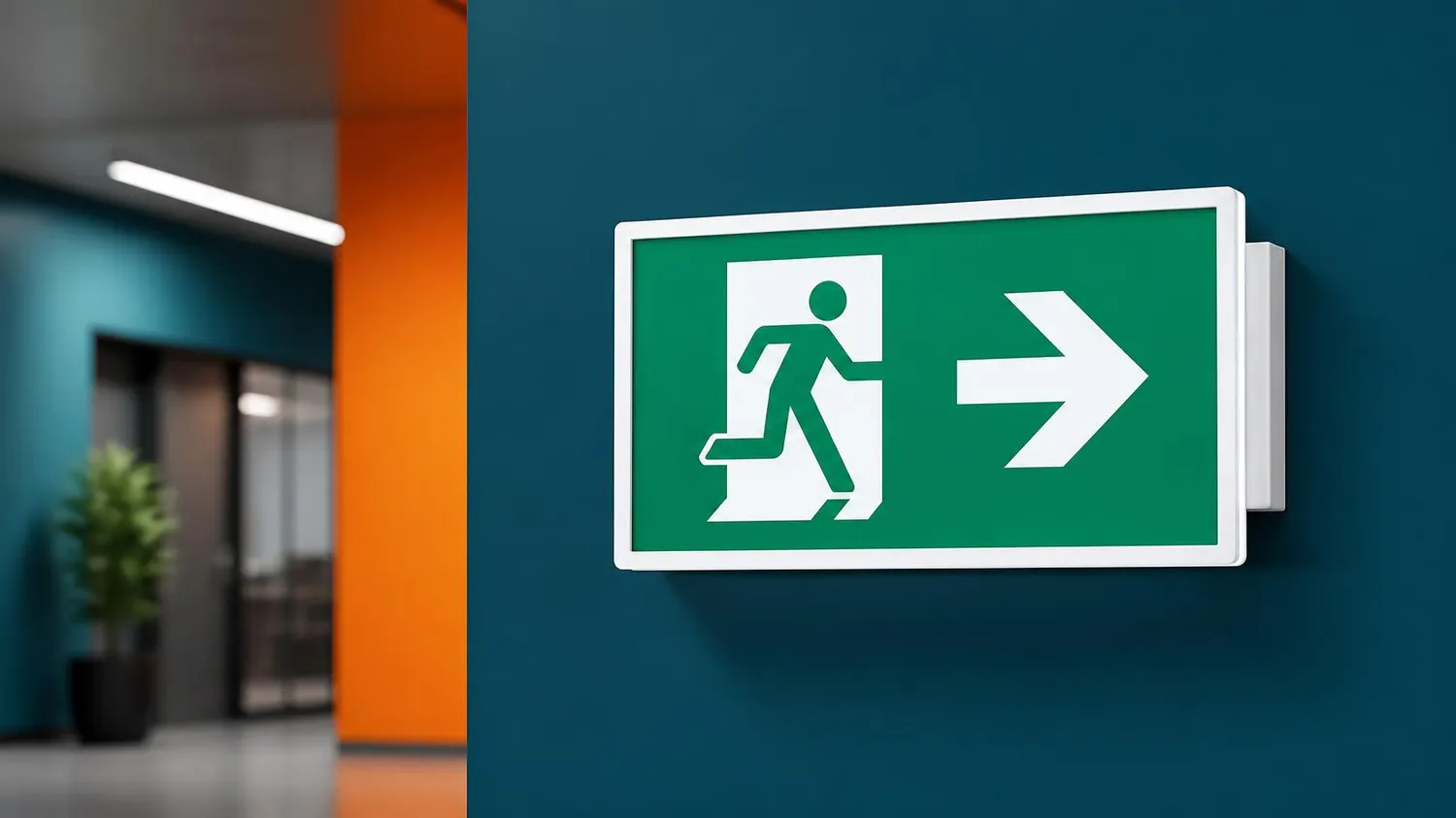 SaarTeach - Dozent für elektrotechnik und arbeitschutz - Ein grünes Notausgangsschild an einer dunkeltürkisfarbenen Wand mit einer weißen, laufenden Figur und einem Pfeil nach rechts.