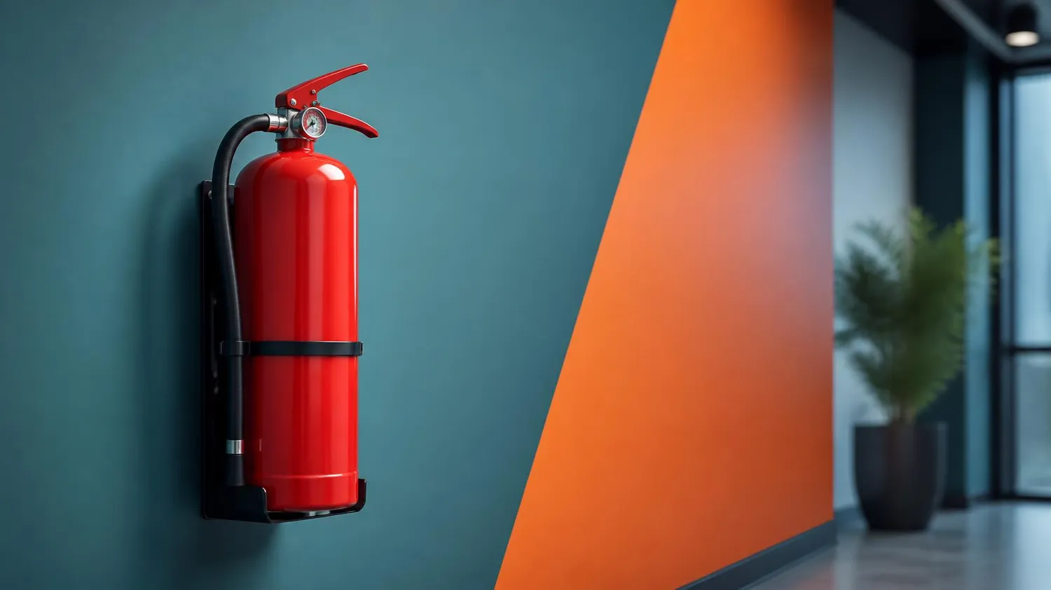 SaarTeach - Dozent für elektrotechnik und arbeitschutz - Ein an der Wand befestigter roter Feuerlöscher hängt an einer türkisfarbenen Wand in einem modernen Büroflur.