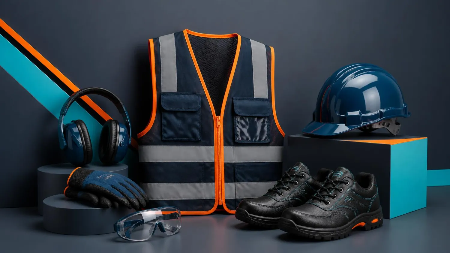 SaarTeach - Dozent für elektrotechnik und arbeitschutz - Eine Sammlung blauer und schwarzer industrieller Schutzausrüstung (PSA), darunter Schutzhelm, Sicherheitsweste, Stiefel, Handschuhe, Gehörschutz und Schutzbrille, arrangiert vor dunklem Hintergrund.