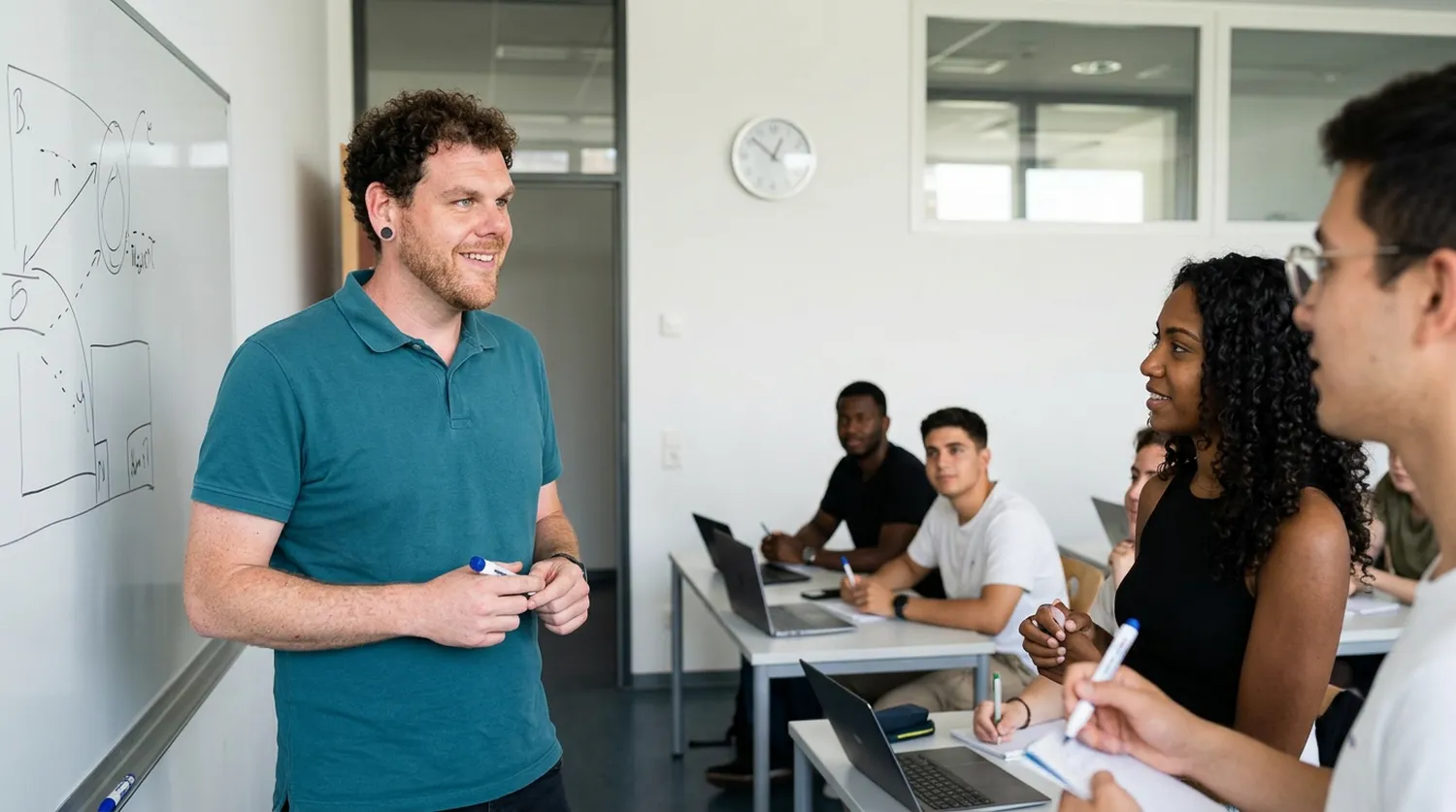 SaarTeach - Dozent für elektrotechnik und arbeitschutz - Thorsten Zimmer steht an einer Tafel und spricht zu einer Gruppe von Studierenden unterschiedlicher Herkunft, die an Schreibtischen mit Laptops sitzen.