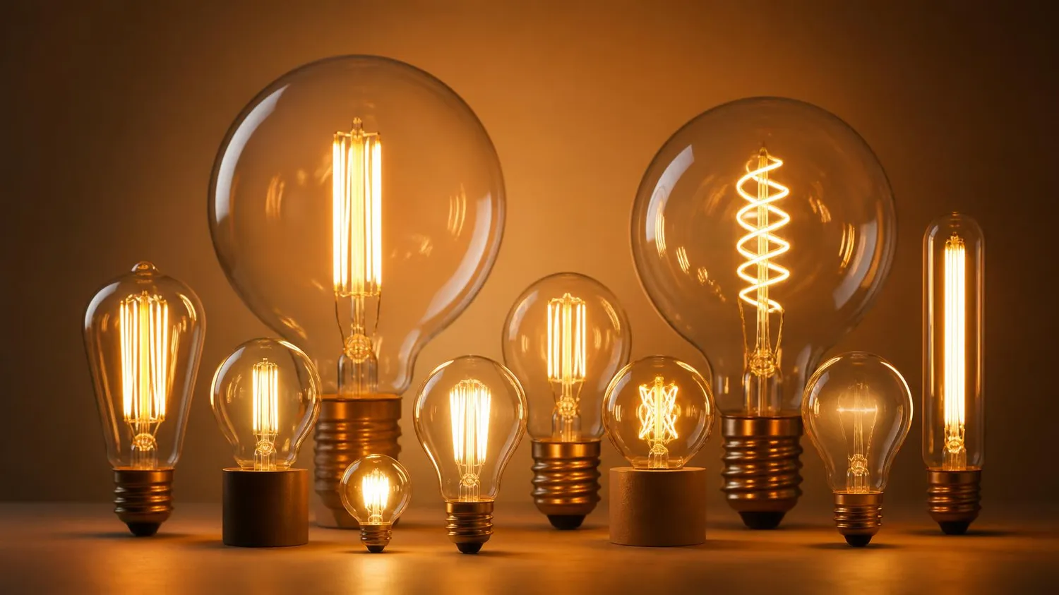 SaarTeach - Dozent für elektrotechnik und arbeitschutz - Eine Auswahl an Edison-Glühbirnen im Vintage-Stil in verschiedenen Formen und Größen, die ein warmes, bernsteinfarbenes Licht abgeben.