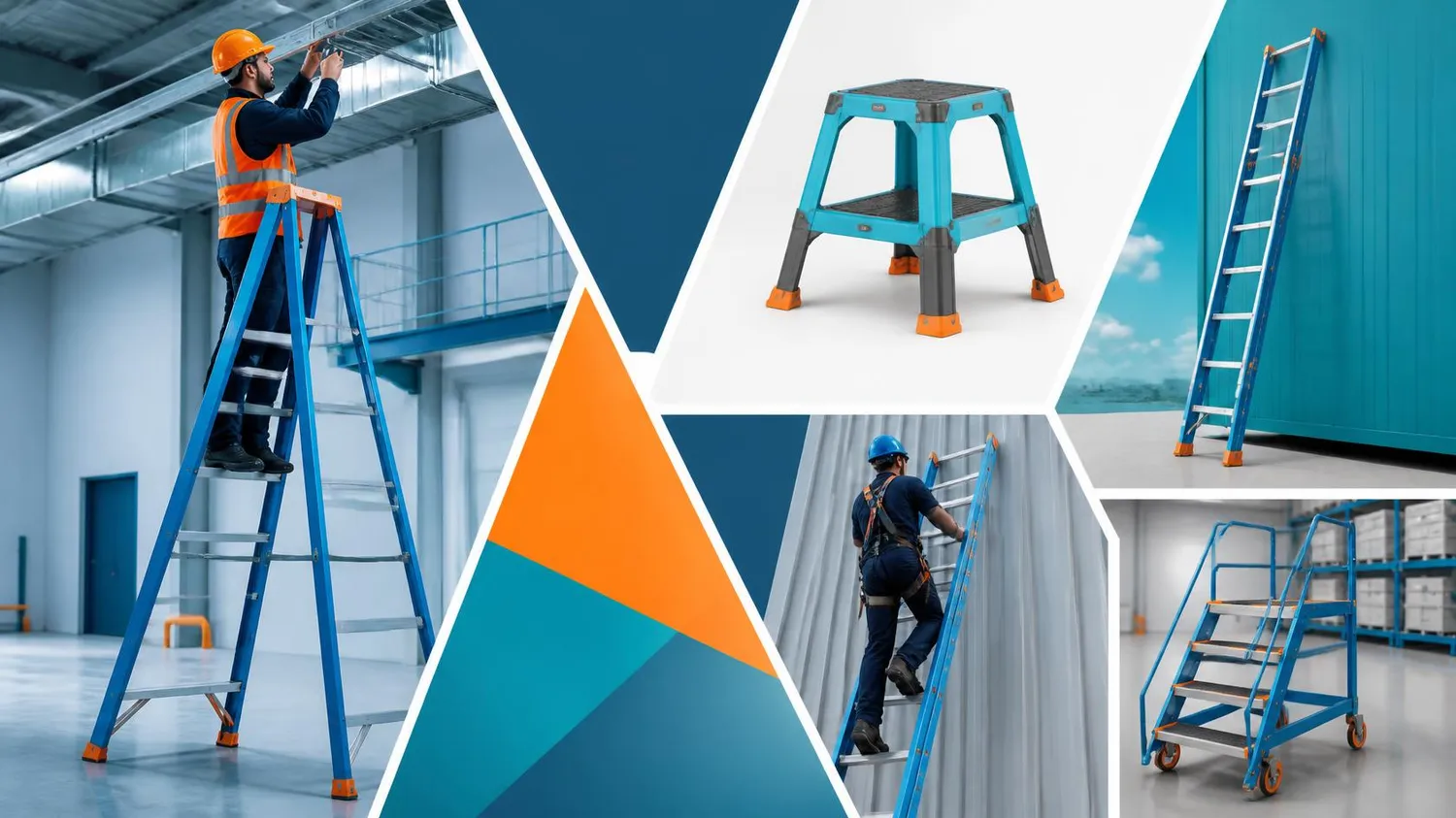 SaarTeach - Dozent für elektrotechnik und arbeitschutz - Eine Collage mit verschiedenen blauen Steiggeräten für die Industrie, darunter eine Stehleiter mit einem Arbeiter, ein niedriger Tritt, Anlegeleitern und eine fahrbare Plattformtreppe.