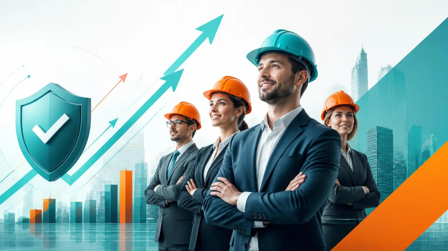 SaarTeach - Dozent für elektrotechnik und arbeitschutz - Ein professionelles Team aus Geschäftsleuten und Ingenieuren in Anzügen und Schutzhelmen steht selbstbewusst vor einem wachsenden Wirtschaftswachstum und einer imposanten Skyline.