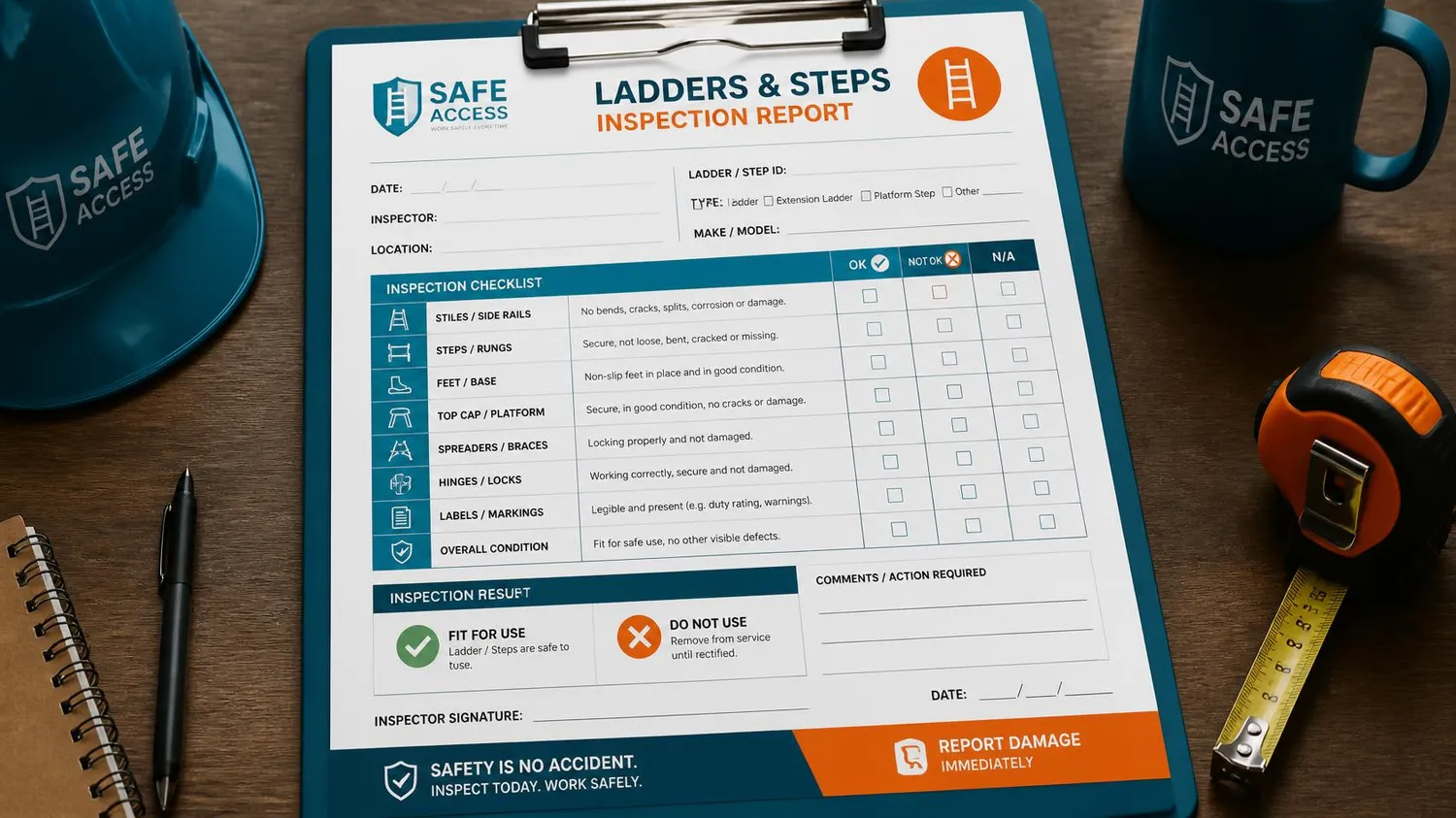 SaarTeach - Dozent für elektrotechnik und arbeitschutz - Eine Checkliste für einen Leiter- und Stufeninspektionsbericht auf einem Klemmbrett.