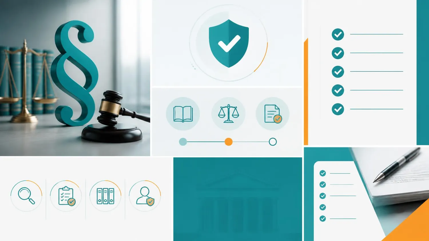 SaarTeach - Dozent für elektrotechnik und arbeitschutz - Eine digitale Grafik zum Thema Recht und Compliance mit einem türkisfarbenen Abschnittszeichen, einem Richterhammer und juristischen Symbolen wie Checklisten, Justitia-Waagen und einem Schutzschild.