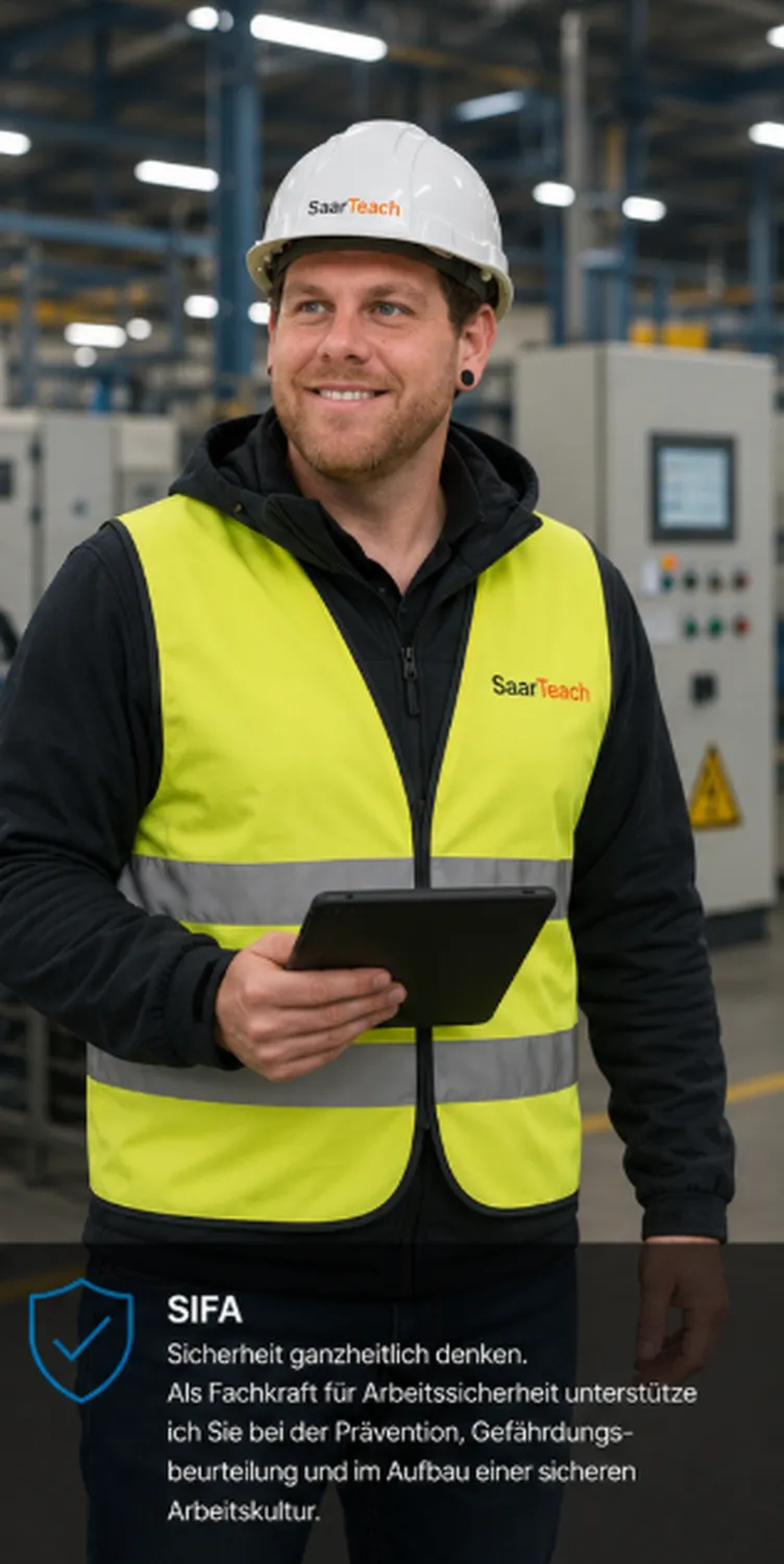 SaarTeach - Dozent für elektrotechnik und arbeitschutz - Thorsten Zimmer trägt einen weißen Schutzhelm und eine Warnweste und hält in einer Industriehalle ein Tablet in der Hand.