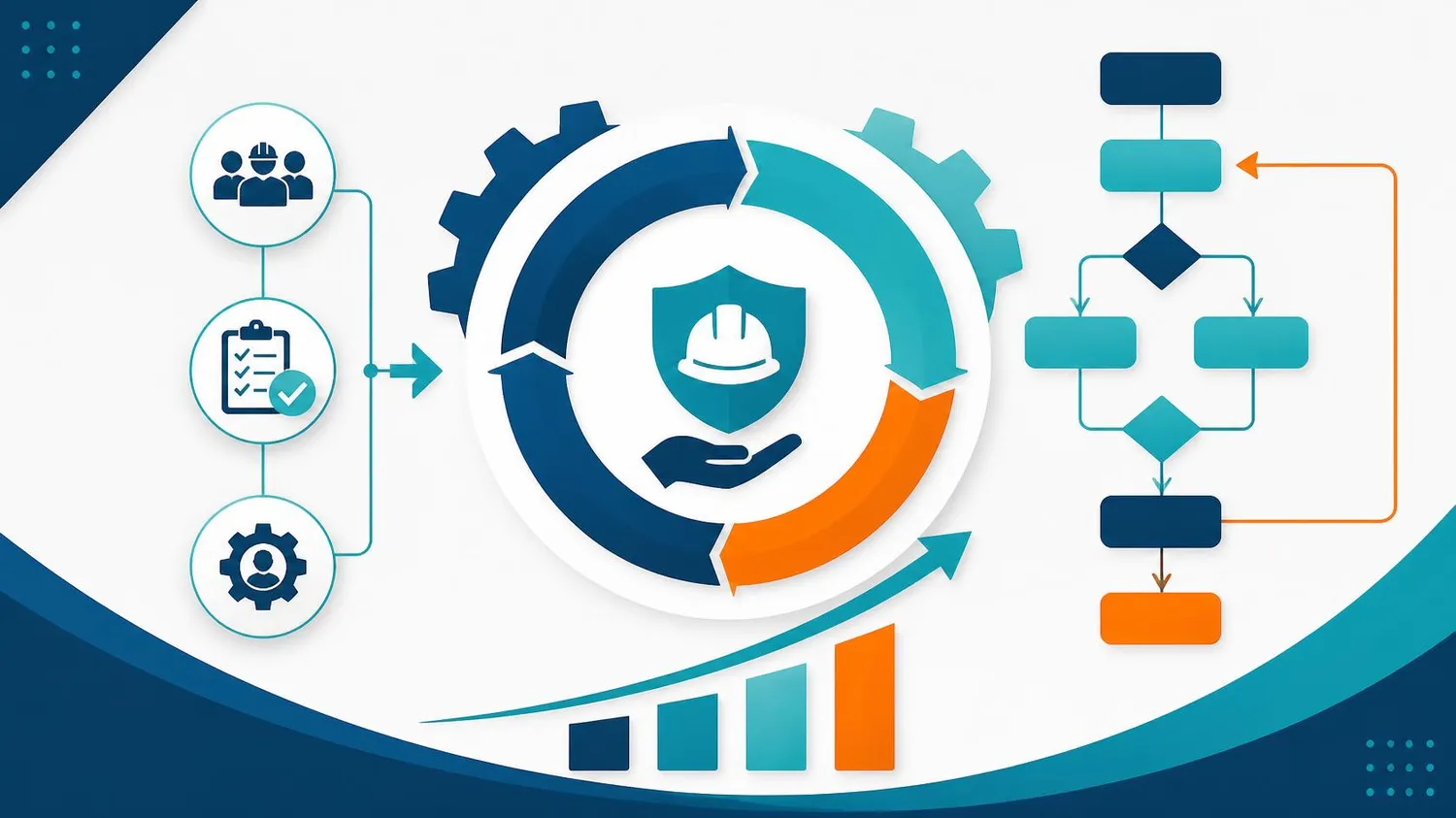 SaarTeach - Dozent für elektrotechnik und arbeitschutz - Eine Infografik, die den Arbeitsablauf eines Arbeitsschutzmanagementsystems darstellt. Symbole für Personal und Checklisten münden in ein zentrales, kreisförmiges Zahnrad- und Schutzschildsymbol, neben einem Ablaufdiagramm und einem Balkendiagramm.
