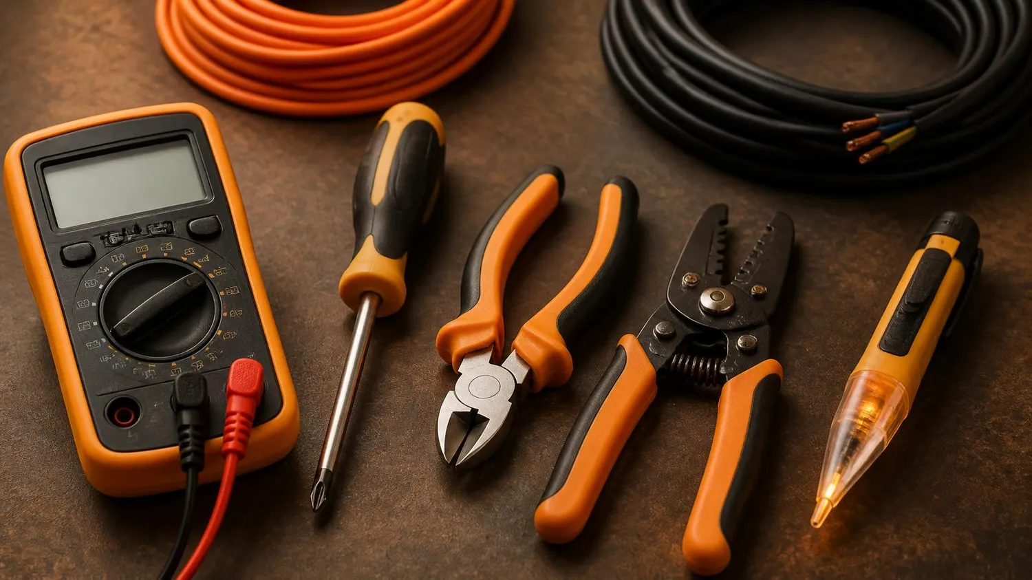 SaarTeach - Dozent für elektrotechnik und arbeitschutz - Wichtige Elektrowerkzeuge, darunter ein Multimeter, ein Schraubendreher, eine Zange, eine Abisolierzange und Kabel, auf dunklem Untergrund.