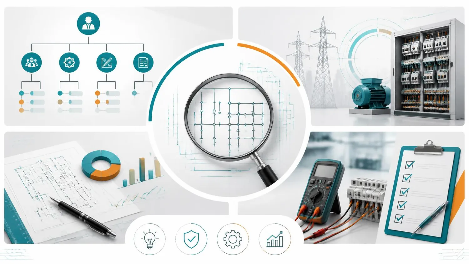 SaarTeach - Dozent für elektrotechnik und arbeitschutz - Eine technische Collage mit einem Schaltplan unter einer Lupe, Bauplänen mit Datentabellen, einem Organigramm, Stromnetzen und Prüfgeräten.