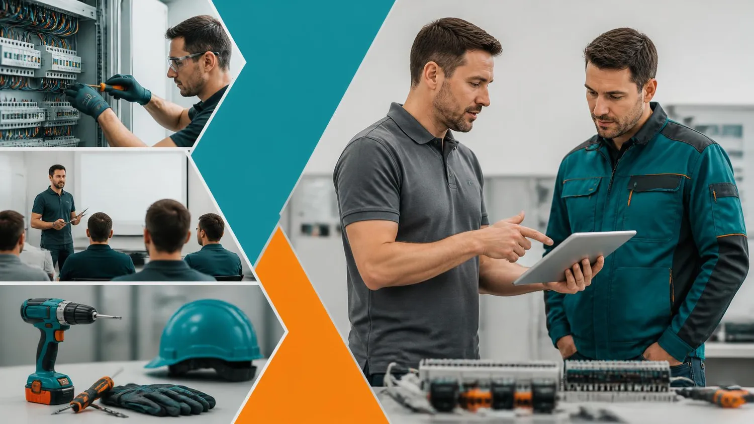 SaarTeach - Dozent für elektrotechnik und arbeitschutz - Eine Collage mit männlichen Technikern in einem Schulungsraum, die einen Schaltschrank verdrahten und Daten auf einem Tablet neben Schutzausrüstung besprechen.