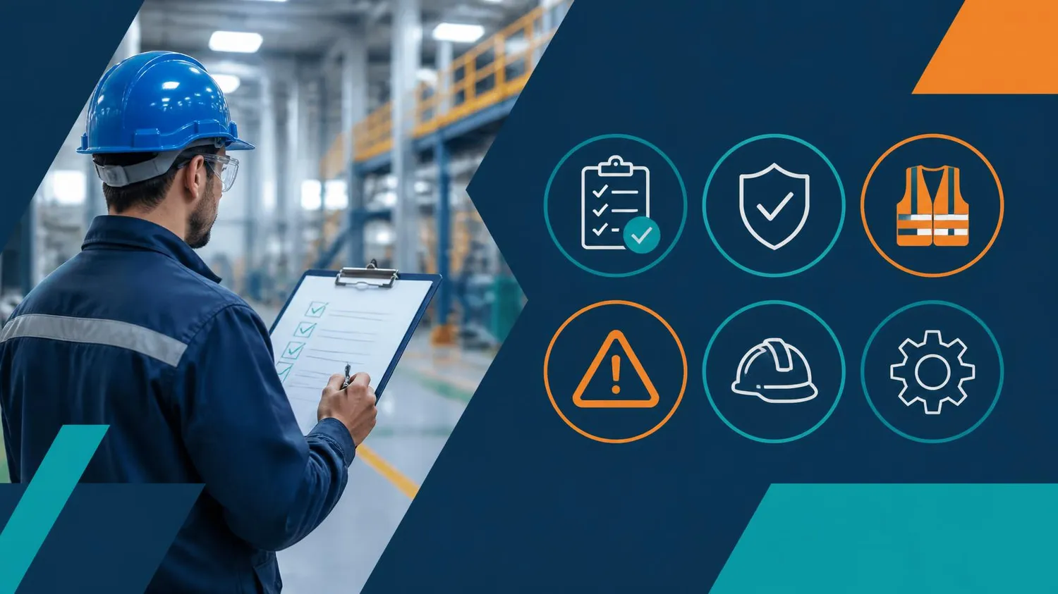 SaarTeach - Dozent für elektrotechnik und arbeitschutz - Ein Industriearbeiter prüft eine Checkliste auf einem Klemmbrett neben Symbolen für Sicherheit, Einhaltung von Vorschriften und persönliche Schutzausrüstung.