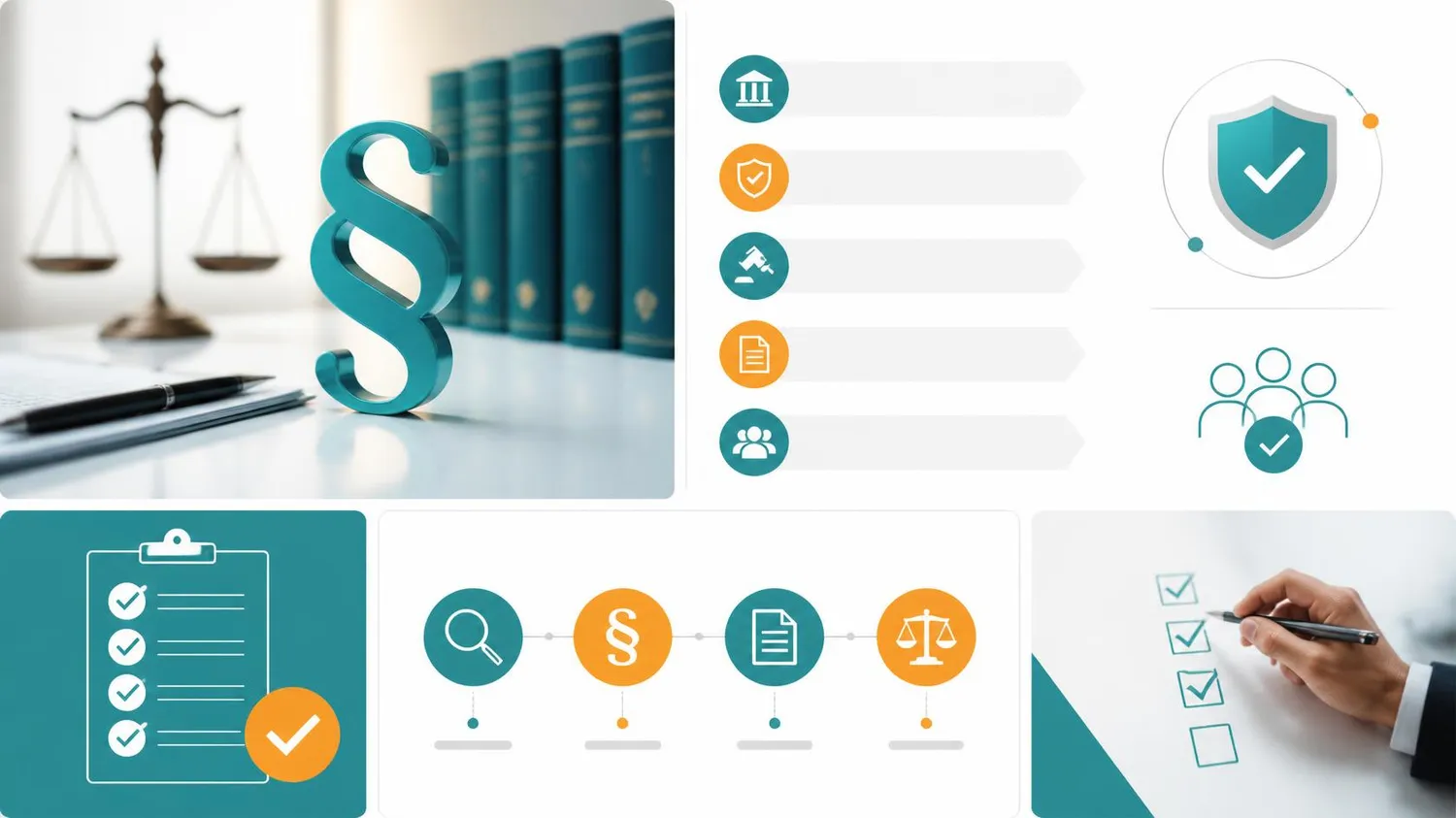 SaarTeach - Dozent für elektrotechnik und arbeitschutz - Eine Collage mit Grafiken zu Recht und Compliance. Sie zeigt ein großes türkisfarbenes Paragraphenzeichen (§) neben Gesetzbüchern und einer Justitia-Waage, dazu Arbeitsablaufdiagramme, Checklisten und Rechtssymbole für Auditierung und Verifizierung.