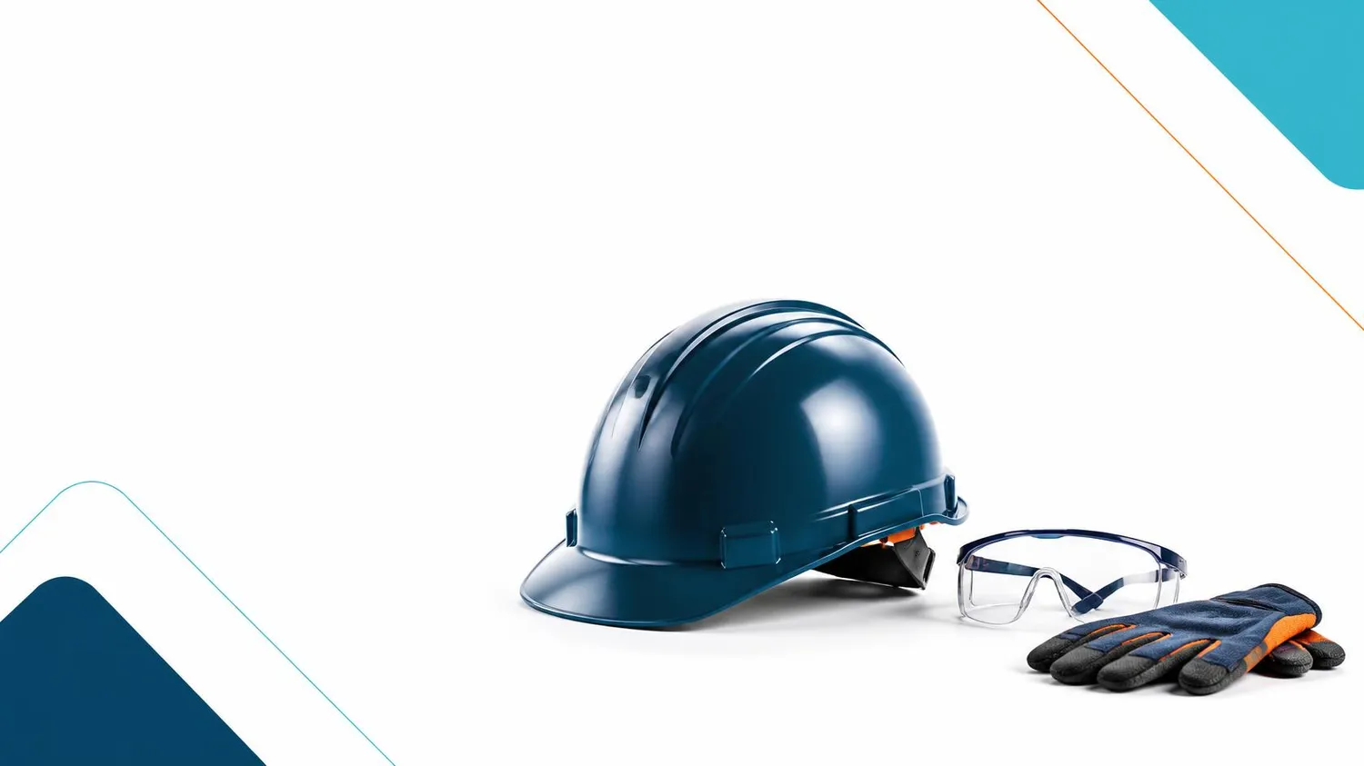 SaarTeach - Dozent für elektrotechnik und arbeitschutz - Blauer Schutzhelm, Schutzbrille und Arbeitshandschuhe auf weißem Hintergrund.