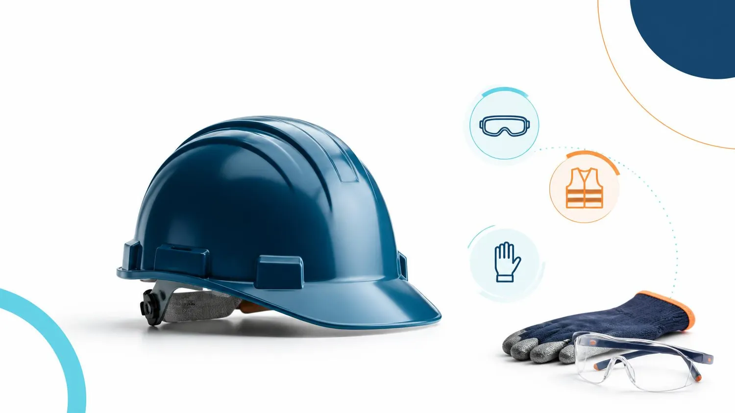 SaarTeach - Dozent für elektrotechnik und arbeitschutz - Ein dunkelblauer Industriehelm liegt neben einer Schutzbrille und Arbeitshandschuhen. Darüber schweben Symbole für persönliche Schutzausrüstung.