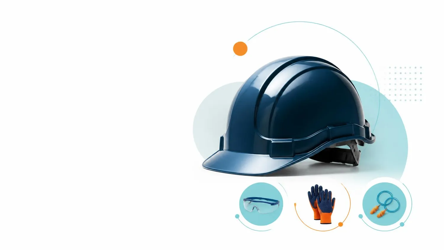 SaarTeach - Dozent für elektrotechnik und arbeitschutz - Ein dunkelblauer Schutzhelm neben einer Schutzbrille, Arbeitshandschuhen und Gehörschutzstöpseln.