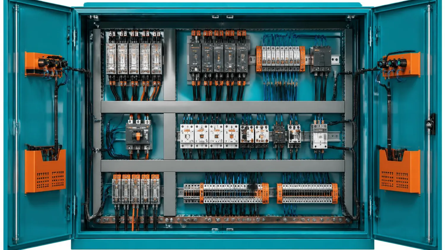 SaarTeach - Dozent für elektrotechnik und arbeitschutz - Offener Schaltschrank mit ordentlich angeordneten Schaltern, Relais, Kabeln und Schaltungskomponenten auf grauen Montageschienen.